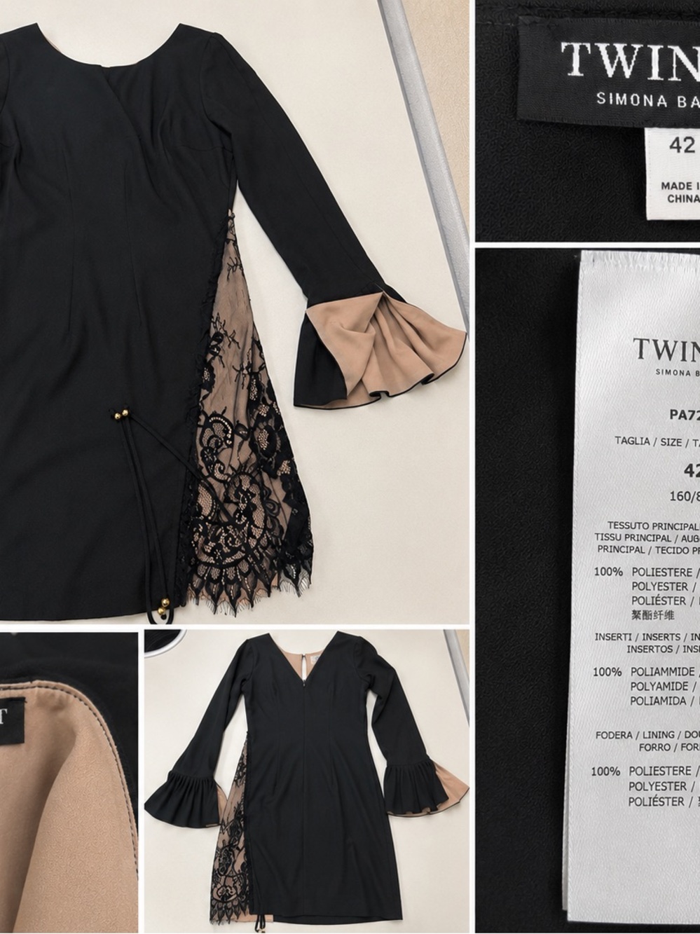 Twinset Simona Barbieri Black Dress with Beige Ruffle & Lace Panels